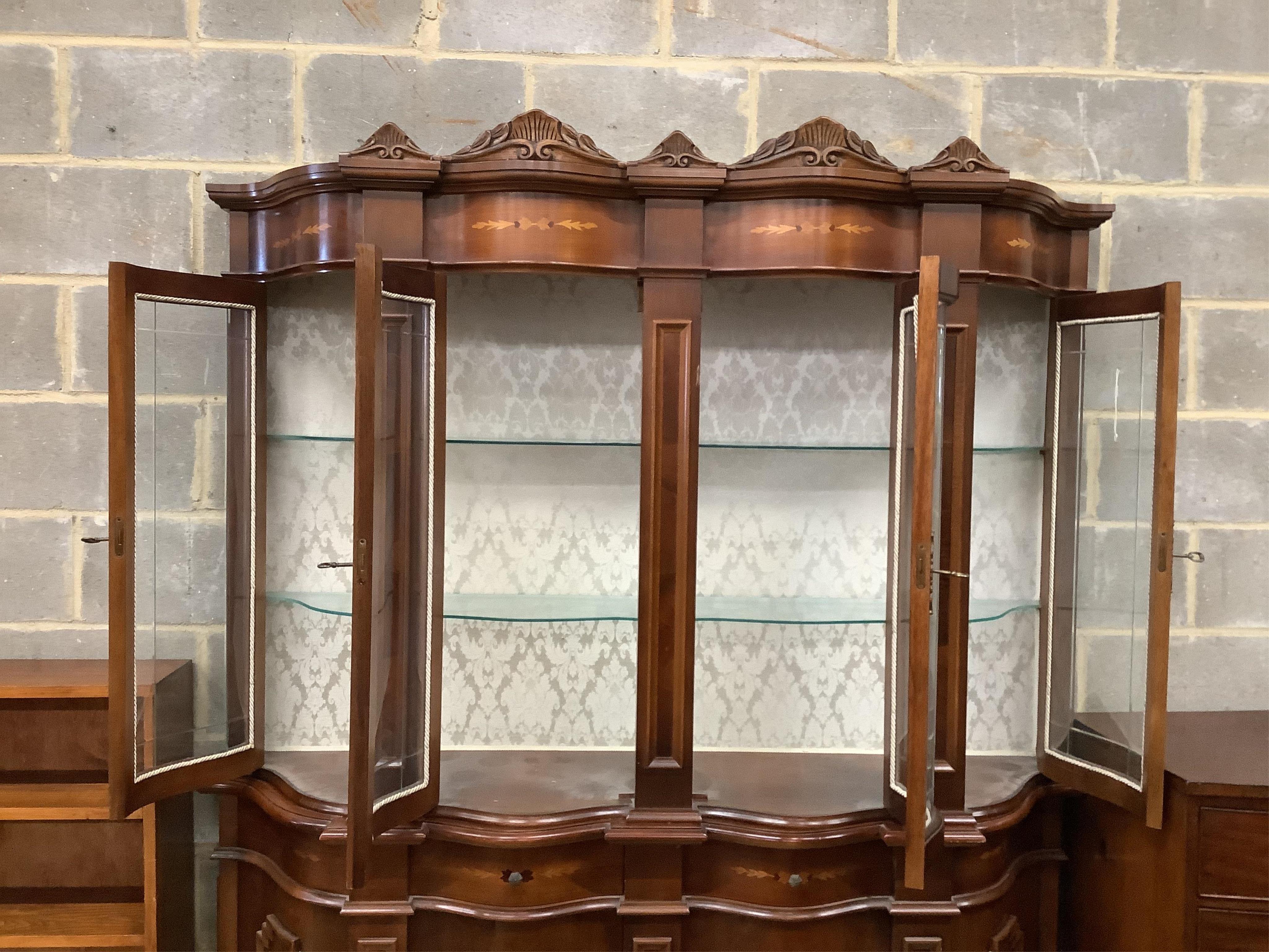 A reproduction marquetry inlaid mahogany baroque style display cabinet, width 173cm, depth 41cm, height 199cm